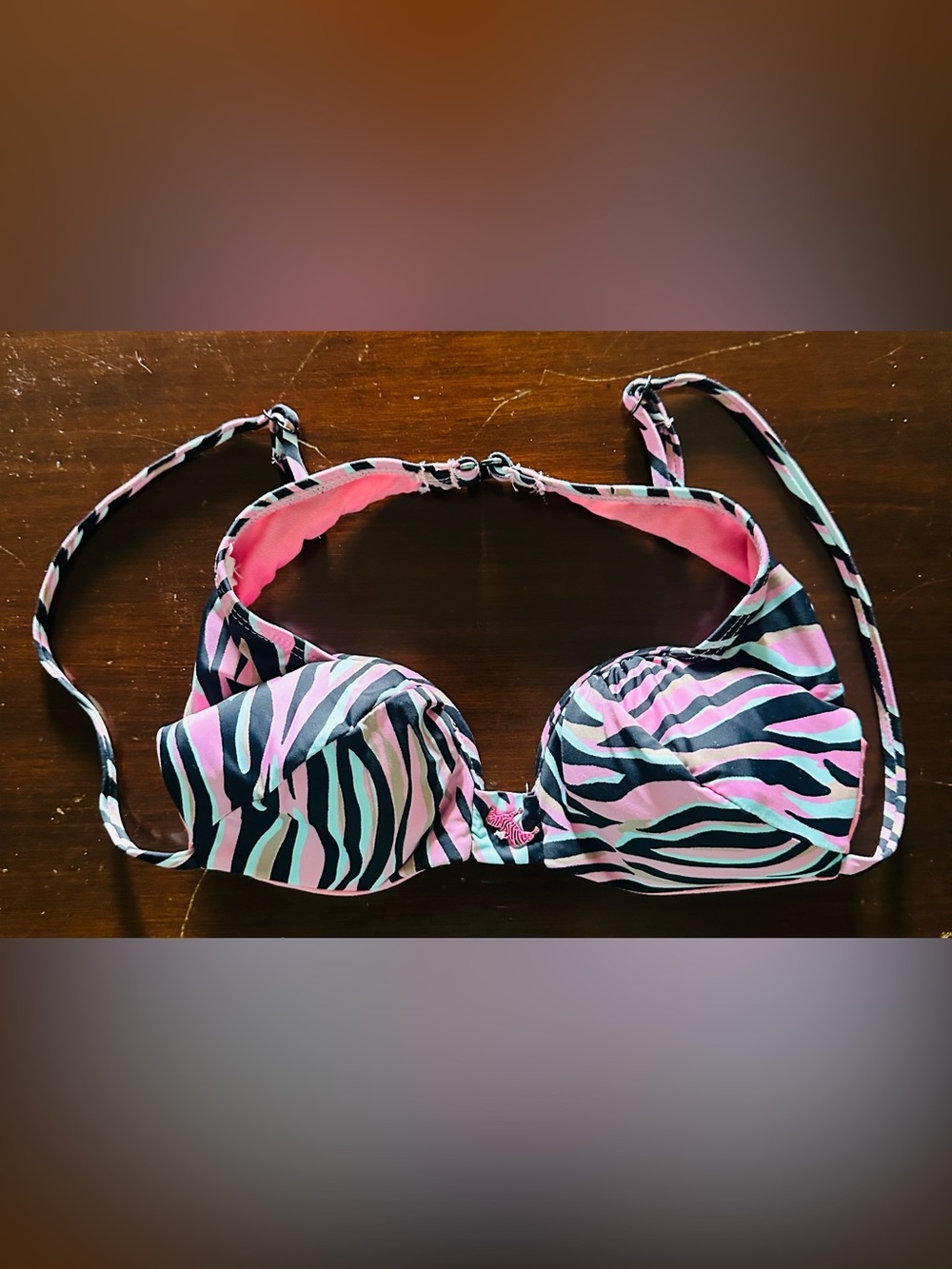 Women Pink & Teal Zebra Print Swim Top